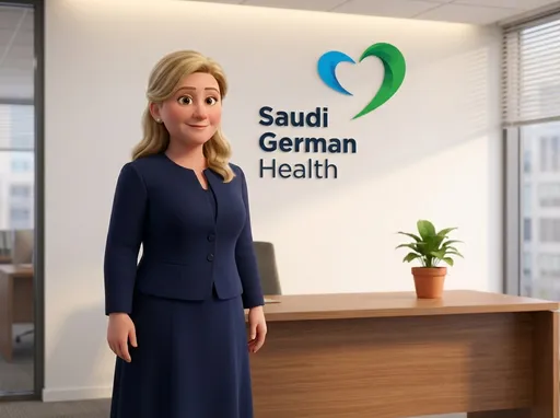 Prompt: place the female, fair skin, light brown eyes, blond medium length hair, pearl earrings, navy blue jacket, long skirt in a office with white walls and a Saudi German health logo displayed on the wall. there is a small green pot plant on the desk behind her. pixar animation