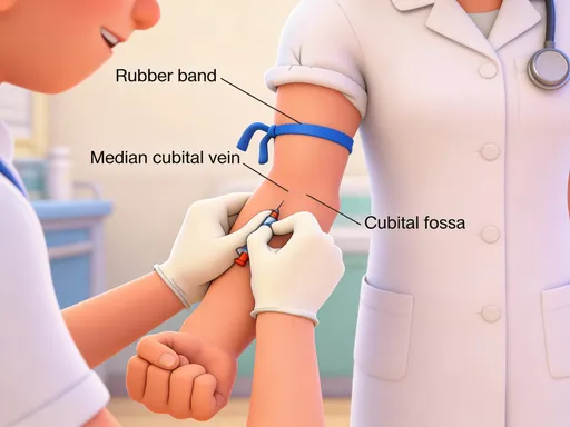 Prompt: Patient arm exposed (light color), has a blue rubber tourniquet above the elbow, patients hand is in a fist, nurse drawing blood, she has white gloves on. pixar animation