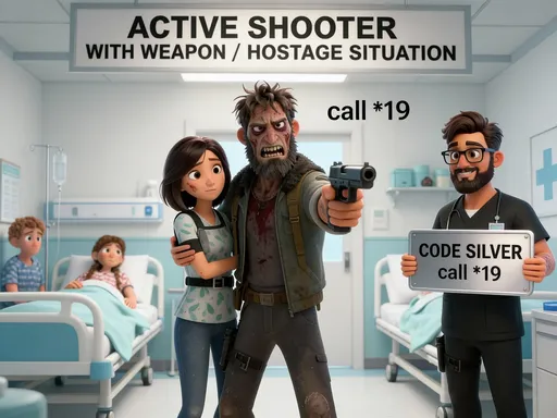 Prompt: at the top of the frame is written in black "ACTIVE SHOOTER WITH WEAPON / HOSTAGE SITUATION" 
An unkempt, deranged male with beard is holding a hand gun and is keeping a female patient hostage. He is standing in the hospital room that is decorated in white and teal. other patients are in the room and look afraid. to the right of the room is a male nurse wearing black nursing scrub suit, brown hair and beard, black glasses. He is holding a silver sign with black writing "CODE SILVER" he says "call *19"
" pixar animation
