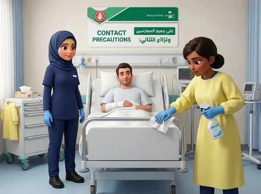 Prompt: nurse with navy nursing scrub pants and top, long navy sleeves cover the arms, she is wearing a navy hijab covering her hair, she is wearing black sneakers, she has brown eyes. She is wearing blue gloves and standing at the foot of a patients bed. There is a patient in the bed, wearing a  patient, hospital gown, he has clean bandage on his arm. There is a cleaner wearing a yellow gown and blue gloves, wiping down the bed with a paper towel, she is holding a spray bottle in the other hand.  at the top of the bed  is a green and white contact precaution sign. Pixar animation 