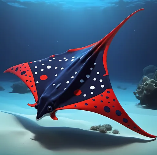 Prompt: Azure Aesthetic, Oceans (Duskus Remix) By Leon Lour and Duskus Inspired, Dark Blue and Red Polka Dotted Manta Ray With Long Tail Along the Seafloor, Made By Squirt_rash_24.