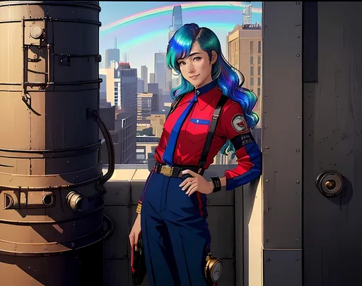 Prompt: (((SFW Image Only))), (((Same Outfit))), (((Same Composition, Perfect Composition))), Wonderous, More Cartoon Looking, Lively, Minnesota Inspired Skyline, Modern Looking, (((Red and Dark Blue Navy Blue Aesthetic))), Daytime, 2D Style, (((Very Minimalistic))), Modern Looking, Dieselpunk, Same Background, (((Perfect Background Composition))), Cityscape, Safe, Calm Looking, Daytime, Sleek, Wholesome Looking, Lovely Looking Animation Style, (((Same Hairstyle, Perfect Hair Composition))), Joyful, Milder Looking, Standing Up Straight, Lovely Looking, Cute, Perfect City Composition, (((Minneapolis and Saint Paul Inspired City Background))), Perfect Hair Composition, Lavish, Portrait, (((Solo Only))), 1Woman, 1Adult, One Lovely Looking Woman In Picture, (((She Should Look a Lot Like Sunisa Lee, Asian, Hmong American, Rainbow Iridescent Hair Only, Brown Eyes, Full Lips, Detailed Face))), Edwardian, Lovely Looking, Hands Should Be Lowered, Proud Looking, Pink Lips, Gaiter, Very Feminine Looking, Ladylike, More Manager and Mechanic Looking, Grown, Slighter Frame, Relaxed, Well Maintained Physique, Stockier, Athletic, (((Cute Smile))), Friendlier Looking, Alternative Looking, Lusher Face, 21 Year Old, (((Medium Hairstyle))), She Should Have Four Fingers and a Thumb, More Metallic Looking, Gilded* Age Period Inspired, Industrialists, Dieselpunk Minneapolis and Saint Paul Inspired, Red and Navy Blue Twins Aesthetic, Red and Navy Blue Aesthetic, Distinctive Features, Some Iron On Outfit, Aesthetically Pleasing, Iron Fantasy Bomber Jacket, Iron Belt and Buckle, Undershirt, Perfect Hands, Correct Hands, Two Hands Showing, Thicker, Slim Legs, Medium Waist, Business Casual, Legs Should Be Covered, Gaiter, Necklace, Perfect Hands, Brick Wall, Minimal Aesthetic, Lights, (((Iron Bracelets))), Asian, Young Face, John Atkinson Grimshaw Oil Painting Aesthetic, No Greenish Skin, No Showing Off Her Legs