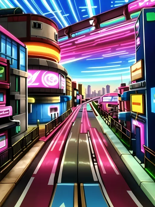 Prompt: (SFW), (A Safe For Work Image), (SFW Professional Looking Image, Workplace Safe), Same Composition, American Animation Style, (((Perfect City Composition, Heartwarming))), Vancouver Victoria BC Inspired, Blockier Looking, Block Inspired Background, Planet Earth, Some Greenery, Groovier Looking, Cyberpunk Inspired, Steampunk Inspired, Monorail Train Station Background, Retroville Inspired, Western Animation Style, Jetsons Orbit City Inspired, Red Yellow and Blue Aesthetic, Salmon Pink and Red Aesthetic,  Exciting, Joyful, Happier Tone, Vivid, Carnival Toyland Aesthetic, Spacepunk Inspired, Lovely Looking Animation Style, American, Cute Aesthetic, Wholesome Looking Only, In The City, 
On The Street, Intricate, Fun, Fantasy, Colorful