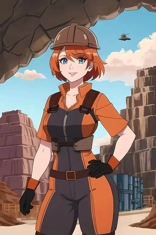 Prompt: Bryce Dallas Howard, Colorful Mineshaft Cave, Mining Factory Conservation Facility Background, Same Composition, Same Outfit, Same Hairstyle, Short Very Wavy Medium Orange Hairstyle, Blue Eyes, Dieselpunk Worker, Dark Rust Colored Mining Outfit, Fantasy Cave, Stunning Bryce Dallas Howard, Cute Smile, 24 year Old, Full Lips, Valkyrie Clash of Clans Inspired, Gears, Construction Hard Hat, Steampunk Fantasy Miner, Jade and Brown Aesthetic, Some Yellow on Outfit, Dieselpunk Retro Futuristic, Brown Rocky Cave Background, Cute Curves, Inside of the Cave, Gems, Made By Squirt_rash_24. 