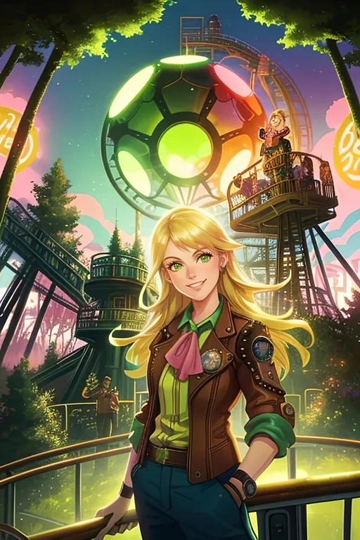 Prompt: (SFW), (Safe For Work Image Only), Soccer Ball Apparatus In Background, 
 Same Aesthetic, Sportspunk Inspired, Forestpunk, Steampunk Inspired,  (Tracks, In The Theme Park, Joyful, Wondrous, Marvelous, Grateful Looking), Posing, Wristbands, (A Safe For Work Image), (Casual Forestpunk Clothes), Very Wholesome Looking Only, (Appropriate, 
Safe For Work Image), Wholesome Smile Only, Workplace Safe, Same Composition, G Rated, Rated E, General Audience Content,  Good Facility Composition Only, Heartwarming, Realistic,  Solo Only, Forest Background, Safe For Work Facial Composition Only, More Cartoon Looking, Modern Animation Style Only, She Needs To Look Older, Colorblocking, More Bubbly Looking Animation Style, Futuristic Aesthetic Only, American Animation Style, 2D Style, Cel Shaded, Safe For Work Professional Looking Image, More Trees,  Smiling, Full Lips, Detailed Face, Teeth Showing In Smile, 1Lady, One Woman In Photo, Retro Theme Park Background, One Woman In Photo, (Kathrine Møller Kuhl Inspired), Danish Descent, Twenty Two Year Old, Soft Lady Aesthetic, Athlete, Worker, Long Blonde Hair Only, Friendlier Looking, Alternative Looking, Green Eyes, Lithe, Minimalistic, Heroic, Futuristic Fantasy, Happier Looking, Slighter Frame, Retro Futuristic Amusement Park Fantasy, RollerCoaster Tycoon Game Inspired,  Dieselpunk Inspired, Copenhagen and Aarhus Inspired Background, Clean Background, (Tivoli Gardens Inspired Background), Amusement Park Inspired, Theme Park, Magenta Lights, Technical Aesthetic, Colorful, Axels, Warm Aesthetic Hues, Ladylike, Scenic Architecture, Lots Of Greenery, Light Aesthetic, Pink Trees, Steampunk Inspired Rides In Background, Glowing Lights, Boilers, Furnaces, Pistons, Jules Verne Inspired Steampunk Inspired Roller Coaster, Looser Baggier Clothing, Looser Baggier Pants, Brass Steampunk Gears On Roller Coaster, Very Wholesome Looking Only, Otherworldly Steampunk Inspired Roller Coasters In Forest, Tougher Looking, Retro Futuristic, Jetsons Orbit City Inspired Background 