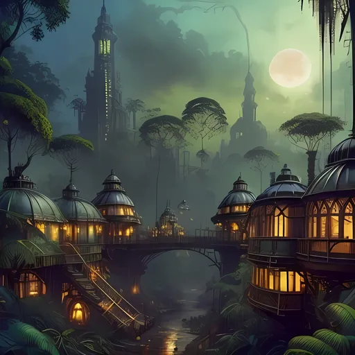 Prompt: Nobody In Background, Futuristic and Classic Steampunk, Lush, Lavish, High Contrast, Masterpiece, Junglepunk X Steampunk, Ewok City, Evening Sky, Lanturns, Watercolor, Jules Verne Inspired, Night, Village Skyline, Vibrant, Warm Looking Aesthetic Hues, Campfire, Stick Houses, Steampunk Houses, Dome, Brown Houses in Background, Beige and Yellow Aesthetic, Watercolor Aesthetic, Brushstrokes, Trees, Jungle, Large Trees, Jungle Inspired Bridge, Huts, Victorian, Interesting, Junglepunk Aesthetic, Steampunk Brass Tinsels,  John Atkinson Grimshaw Oil Painting Aesthetic, Made By Squirt_rash_24.  