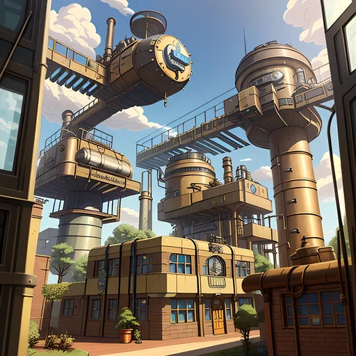 Prompt: SFW, Dieselpunk, Fantasy, City Skyline, Classic Dieselpunk Aesthetic, Dieselpunk Apparatus, Very Wholesome Looking Only, Interesting, Same Aesthetic, Factory Facility, Blue Skies, Dieselpunk Facility In City, Victorian Dieselpunk Aesthetic, Dieselpunk City Region Background, Jules Verne Inspired,  Intricate, City Houses, Glass Windows, Dieselpunk, 2.5D Style, Cel Shaded, More Fantasy Looking, Boilers Furnaces Pistons, Large Victorian Dieselpunk City, Houses Made From Unique Dieselpunk Materials, Picturesque, Cylinders, Industrial Park, Edmund Lewandowski Inspired, Precisionist, Fantasy 