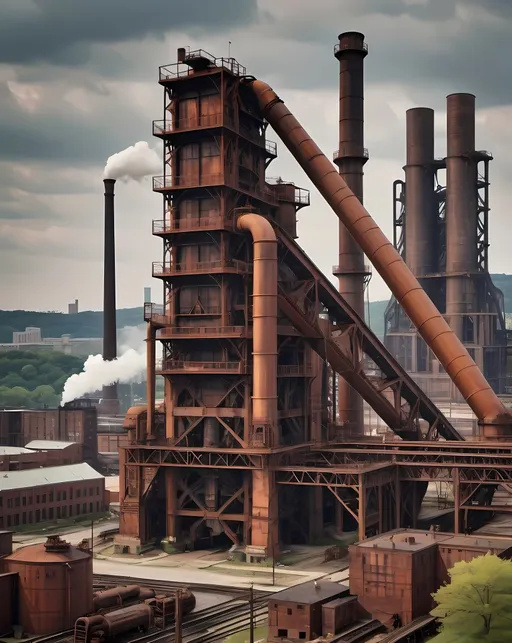 Prompt: Rust Colored Aesthetic, Industrial Park, Dieselpunk, Coal, Blast Furnace Edmund Lewandowski Inspired, Blast Furnace, Technical Machines, Nobody in Background, Pittsburgh Inspired City Background, Edwardian, Golden Age Period, Industrialists, Dieselpunk Pittsburgh Inspired, Rust and Gray Aesthetic, Steel Beams, Quarry