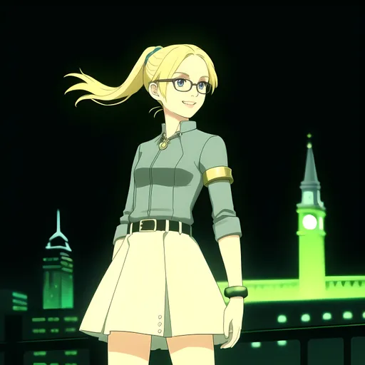 Prompt: (((SFW Image Only))), (((Same Outfit))), (((Same Composition, Perfect Composition))), Wonderous, More Cartoon Looking, Lively, Sliver City, Stars Twinkling, Philadelphia City Hall, Philadelphia Inspired Skyline, Modern Looking, (((Silver and Midnight Green and Ivory Aesthetic))), Silver White Lights, 2D Style, (((Very Minimalistic))), Modern Looking, Dieselpunk, Same Background, (((Perfect Background Composition))), Cityscape, Safe, Calm Looking, Nightime, Sleek, Wholesome Looking, Lovely Looking Animation Style, (((Same Hairstyle, Perfect Hair Composition))), Joyful, Milder Looking, Standing Up Straight, Lovely Looking, Cute, Perfect City Composition, (((Philadelphia Inspired City Background))), Perfect Hair Composition, Ponytail and Scrunchie, Lavish, Portrait, (((Solo Only))), 1Woman, 1Adult, One Woman In Picture, (((She Should Look a Lot Like Sabrina Carpenter, Caucasian, Medium Yellow Blonde Hair Only, Blue Eyes, Full Lips, Detailed Face))), Edwardian, Lovely Looking, Hands Should Be Lowered, Proud Looking, Pink Lips, Gaiter, Very Feminine Looking, Ladylike, More Manager and Mechanic Looking, Slim, Grown, Slighter Frame, Relaxed, Well Maintained Physique, Skinnier, Athletic, (((Cute Smile))), Hipster Glasses, Friendlier Looking, Alternative Looking, Lusher Face, 25 Year Old, (((Medium Ponytail With Parted Bangs))), She Should Have Four Fingers and a Thumb, More Metallic Looking, Gilded* Age Period Inspired, Industrialists, Dieselpunk Philadelphia Inspired, Midnight Green and Gray Eagles Aesthetic, Steel and Dark Green Aesthetic, Some Iron On Outfit, Aesthetically Pleasing, Green Iron Fantasy Bomber Jacket, Iron Belt and Buckle, Undershirt, Perfect Hands, Correct Hands, Two Hands Showing, Thicker, Slim Legs, Medium Waist, Business Casual, Legs Should Be Covered, Gaiter, Necklace, Perfect Hands, Brick Wall, Minimal Aesthetic, Lights, Korrina Trainer Inspired, (((Iron Bracelets))), White Woman, John Atkinson Grimshaw Oil Painting Aesthetic