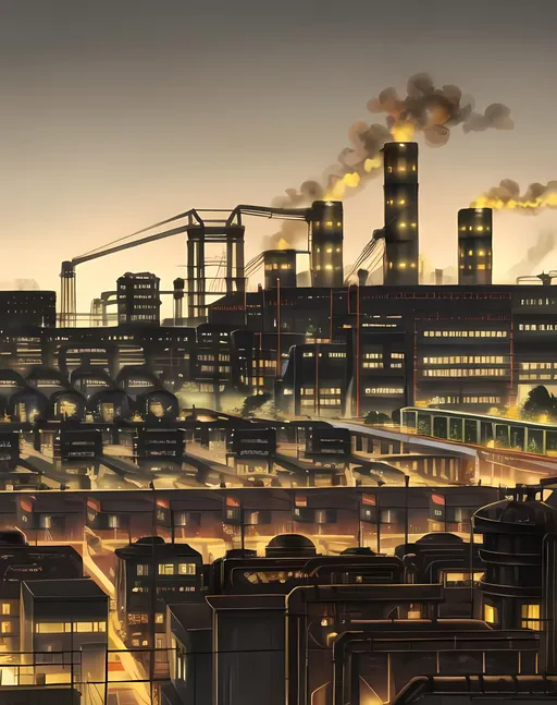 Prompt: Industrial Park, Dieselpunk Warehouses, Roads, Factory, Nobody in Background, Pittsburgh Inspired City Background, Edwardian, Golden Age Period, Industrialists, Dieselpunk Pittsburgh Inspired, Yellow and Black Steelers Aesthetic, Steel Beams