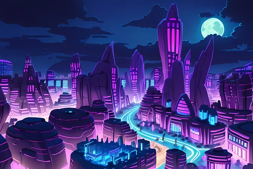 Prompt: Same Composition, Stonepunk, Bedrock City Inspired Skyline, Nightime, Futuristic City, Purple and Blue Aesthetic, Lentimas Town Inspired, Pueblo Inspired Architecture, Stone Buildings, Arid Land Fantasy Desert Village, Bedrock, Insane Futuristic Aesthetic, The Flintstones Inspired, The Croods Inspired