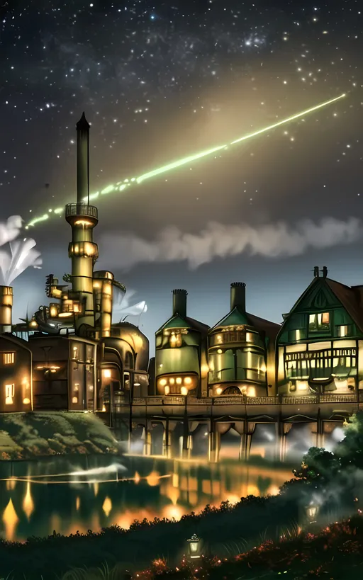 Prompt: (Nobody Else In Background, Colorful, Edwardian Houses, More Fantasy Looking, Ironworks, Intricate, Steam, Lavish, Factory, Night Time, Stars, No Clouds, Comets, Landscape, Dieselpunk Retro Futuristic, Bridge Above Water, Pond, Autumn, Orange and Green Shades, Trail, Small Townscape, BC Inspired, Smoke, Steam, Fog, Trail BC Inspired Fantasy, Pistons, Dieselpunk, Cute Wholesome Factory Village, Lovely Looking, Joyful, Wondrous, Marvelous 