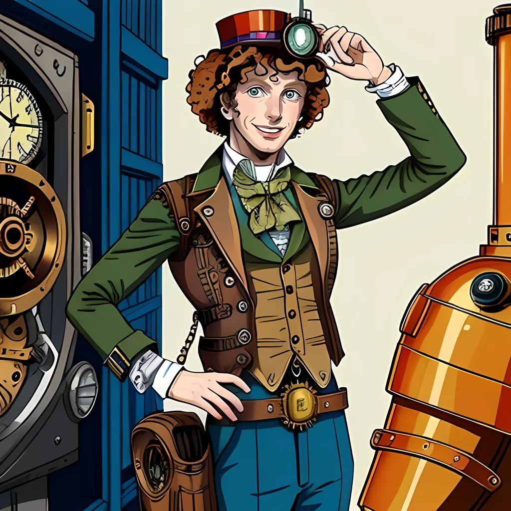 Prompt: SFW, ((SFW Image Only))), He Needs To Look Like The Output Image, 2D Style, More Cartoon Looking, More Bubbly Looking Animation Style, Male Body Type Only, 1970's Inspired, Young Tom Baker Inspired, Retro Doctor Who Inspired, Safe, (((Safe For Work Body Only))), G Rated Art, Happier Looking, General Audience Content, (((Very Wholesome Looking Only))), Lively, Joyful, Colorful, Vivid, H.G. Wells Inspired, Jules Verne Inspired, (((Steampunk Inspired, Steampunk Aesthetic))), Unearthly British Style Houses In Background, Doctor Who Inspired, (((Aesthetic Background))), Portrait, One Fully Clothed Man In Picture, Alternative Looking, Fantasy Cap On Head, He Needs To Look Younger, Perfect Eye Composition, Looking At Viewer, Smiling, Young Aesthetic, Slim, Longer Arms, Red and Green Patterned Scarf, Fourty, 40 Year Old,  Cute Animation Style, Adult Male Composition Only, Relaxed Looking, Grateful Looking, Smiling, British Looking, Very Happy Looking, Retro Futuristic, (((Tom Baker Inspired, Caucasian))), The Fourth Doctor Who Character Inspired, Retro Doctor Who Season 12 Inspired, Wearing An Exosuit Vest, Jules Verne and H.G. Wells Inspired Outfit, (((British))), Grown, Strong, 
 Athletic Arms, Young Face, Cute Man, Lithe, Athletic, Holding An Apparatus, Medium Hairstyle, Light Brown Curly Hairstyle, Burgh Trainer Inspired, Gray Eyes Only, Forehead Visible, Posing, Belt and Buckle, Black Trousers, Old School Footwear