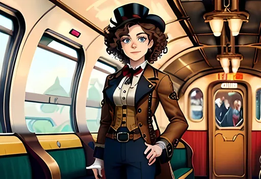 Prompt: SFW Only, Very Lovely Looking and Modern Animation Style Only, Portrait, Full Body, Interesting, One Grown Woman In Picture, 20 Year Old, Young Face, Grown Body, Red and Beige Aesthetic, Dark Brown Black Very Curly Hairstyle, Steampunk Conductor, Tatiana Maslany Inspired, Steampunk Fantasy Train Station Background, Victorian Exosuit, Gears On Outfit, British Inspired Gradient Blouse, Train Aesthetic, Railroad Aesthetic, Same Composition, Perfect Composition, Aesthetic Background, Trousers, Interesting, Heartwarming, Brown Tinsels, Caring Look, Smiling, Lovely Looking, Heroic, Intricate, Blouse, She Needs To Look Like a Train Conductor, Lithe Body, Caucasian, Victorian Style, Very Stylish, Strong Female Lead Conductor, Emmet and Ingo Subway Boss Unova Trainer Class Inspired, Made By Squirt_rash_24. 