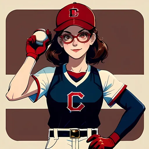 Prompt: Same Aesthetic, Same Hairstyle, SFW, Libra Scales Logo Aesthetic, Full Body, Standing Straight Up, Peaches Aesthetic, One Young Woman in Picture, Light Red Aesthetic, Wearing Circular Retro Edwardian Glasses, Edwardian Aesthetic, Libra Scales On Outfit, Medium Hairstyle, Heartwarming, Stunning, Same Composition, Alexandra Daddario as an Old School Baseball Player, On The Rockford Peaches Woman's Baseball Team, Full Lips, Detailed Face, Lovely Looking, She Has Thick Arms Representing The Power and Accuracy Of A Baseball Player, Thick Deltoids, Small Chest, Quirky, Cute, Wearing a Rockford Peaches Baseball Dress With Belt, Smiling With Teeth Showing, Wearing Brown Gloves, Holding a Brown Baseball Glove, Wearing a Dark Red Baseball Cap With Libra Scales Logo On Cap, Red and Cream Aesthetic, Baseball Aesthetic, Recreation, Brown Hair Only, Perfect Composition, Interesting, Iconic Looking, Retro Looking, A League Of Their Own Baseball Movie Inspired, When We First Met Movie Inspired, Made By Squirt_rash_24.