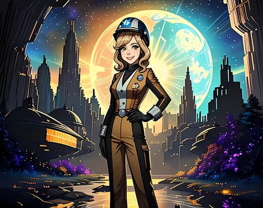 Prompt: (((SFW Image Only))), (((More Fantasy Looking))), Milder Looking, Safe For Work Body, Dieselpunk Steampunk and Stonepunk Inspired, Spacepunk, Retroville Inspired Retro Futuristic Background, (((Formal Outfit, G Rated Art, Consistent Look, Twenty Six, 26 Year Old, Adult Female Composition Only))), (((Very Wholesome and Joyful Looking Only))), Cool Looking, Female, Safe, (((General Audience Content))), Star Wars Kolaador Inspired Background, Rocky Planet, Facility, Prisms, Planetarium, Interesting, Crystalline Terrain, Crystal Aesthetic, Crystal Structures, One Fully Clothed Woman In Picture, Content Looking, 1950's Hairstyle Only,  Mining Outfit, (((Jennette McCurdy Inspired, Caucasian, Older Aesthetic))), Blonde Retro 1950's Inspired Longer Hairstyle Only, Brown Eyes Only, Space Miner, Mining Inspired Outfit, Jetpack On Shoulders, Spacesuit, Space Hard Hat, Lost In Space Show Inspired, Older Looking Face, Distinctive Features, Big Smile On Her Lips,   Star Wars Inspired, City Skyline, Insanely Large Buildings,  Star Wars Infrastructure Inspired, Retro Aesthetic, Realistic Only, Caring Looking, Smiling, Eyes Focused, Hands Should Be Lowered, Fingers Lowered, Candid Photo, Second Industrial Revolution Inspired, Interesting, Insanely Big Shard, Prismatic Downtown Space City, Brown and Ochre Aesthetic, White Woman, John Atkinson Grimshaw Oil Painting Aesthetic, Exciting, Joyful, Happier, In Her Twenties, Vivid, Colorful, Fantasy, Black Rocky Landscape, Purple and Brown Colors, Crystals, Gears, Made By Squirt_rash_24.