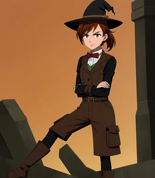Prompt: SFW, Minimalistic, Perfect Composition, Same Composition, One Young Woman In Picture, Lovely Looking, Grown Woman Looking, 20 Years Old, Regular Pose, Standing Still, Arms Down, SFW Body, Dark Red Hair Only, Prowling, Large Gaiter, Small Chest, Edwardian, Cute Animation Style, 2D Animation, Perfect Composition Hands, Dieselpunk Witch, Full Lips, Detailed Face, Ben 10 Animation Style, Technical Outfit, Brown Eyes, Perfect Composition Eyes, Cute Face, Pensive Looking, Grown Body, Working In Her Ironworks, She Should Be Wearing a Witch Hat On Her Head, Cute Animation Style, She Should Have a Dark Red Medium Ponytail, Gray Edwardian Jumpsuit, Bowtie On Outfit, Some Pewter On Outfit, Some Armor On Outfit, Athletic Legs, Brown Hiking Boots, SFW Body, Some Orange On Outfit, Strong Body, Thick Thighs, Flannery Trainer Inspired, Made By Squirt_rash_24.  