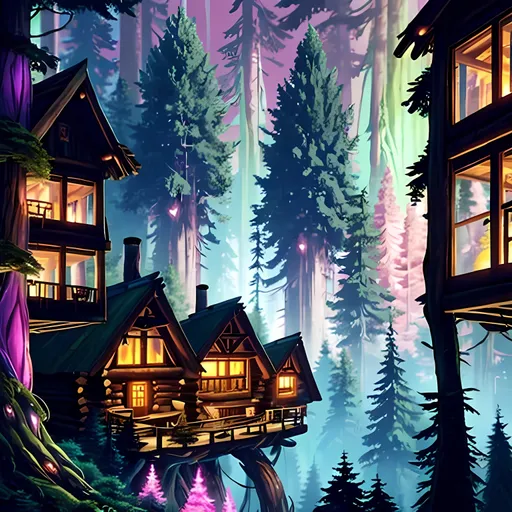 Prompt: Forestpunk, Aetherpunk, Airborne Looking Village Skyline, Tree Sky City, Treetop Cabin Tree City, Rustic Wooden Cabins, Bokeh, Pink Skies, Warm Cozy Lights, Giant Unearthly Cabin Cottage Lodges In Background, Bright Tree Village Ewok City Inspired, Massive Forest, Forestpunk Retro Futuristic Cottage Town Background