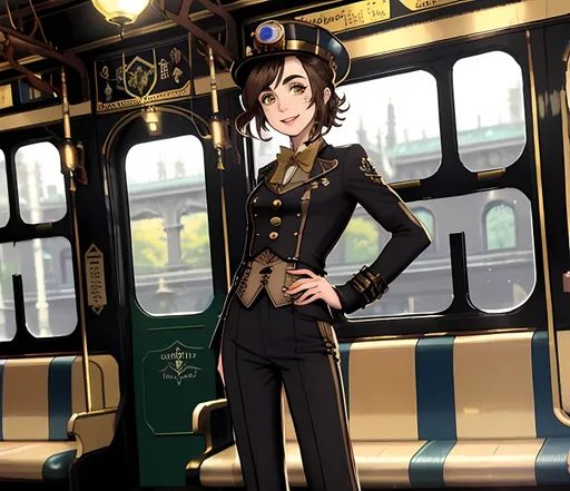 Prompt: SFW Only, Perfect Composition, Same Composition, More Fantasy Looking, Same Body, Futuristic And Classic Steampunk, Albert Robida's Le Vingtième Siècle: La Vie Électrique (The Electric Life) Inspired, More Bubbly Looking, Cartoon Looking, One Brass Colored Train Only, Retro Victorian Shuttle  Bus Streetcar Train, Old School Seats, Perfect Train Composition, Portrait, Solo Only, More Steampunk Looking, Steampunk Aesthetic Only, Full Body, One Fully Clothed Woman In Picture, Fully Clothed Only, Two Arms and Two Legs Showing, She Should Be Posing Inside The Locomotive, Casual Pose, Perfect Finger Composition, Candid Photo, Happier Looking, Looking At Viewer, No Makeup, Lily Collins, Wholesome Looking Only, It Needs To Look Like An Oil Painting, John Atkinson Grimshaw Oil Painting Aesthetic, Retro Classical Train Station Background, Chandeliers, Wonderous, She Needs To Look Like The Output Image, Same Body As Output Image, SFW Outfit, Perfect Composition, Same Composition, Perfect Eye Composition, She Needs To Look Like The Output Image, Black and Gold Aesthetic, Train Conductor, Standing Up Straight, Steampunk Heavy Armor On Body, Big Steampunk Hat, Geared Outfit, Gear On Body, Interesting, Train Track Aesthetic, Modern Animation Style,  Trestles, Capelet, 20 Year Old, Confident Looking,  Happier Looking, Cute Smile, Full Lips, Detailed Face, Katsuhiro Otomo's Steamboy Inspired, Steampunk Outfit Only, Some Gold On Outfit, Steampunk Gears, Jules Verne Inspired Steampunk Outfit Only, Steampunk, Dark Brown Black Medium Hairstyle Only, Dark Brown Eyes, Interesting, Wearing a Jules Verne Inspired English Conductor Outfit, High Waist, Mom Inspired Longer Pants On Legs, SFW Body, Steampunk Fantasy, Medium Hairstyle, Wispier Hairstyle, Very Lovely Looking, She Needs To Look Like a Conductor, Gloves, Perfect Hand Composition, Conductor Outfit, Pants On Legs, SFW Body, Steampunk Fantasy, Medium Hairstyle, Wispier Hairstyle, Lily Collins Inspired Hairstyle, Emmet and Ingo Subway Boss Unova Trainer Class Inspired  