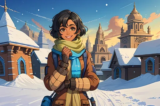 Prompt: SFW, Steampunk Inspired, Technical, Intricate, Fun, Fantasy 1800's Architechure City, Unearthly Indian and Nepali Style Temples In Background, India and Nepal Inspired, Retro Futuristic, Maze Labyrinth Background, Snowy Frigid Environment, Snow On Ground, Modern Animation Style, Same Composition, Perfect Composition, Wholesome, One Woman In Picture, SFW Body, Earings, Same Skin Tone, Regular Pose, Perfect Hand Composition, Posing, Fully Clothed Only, Ninja Inspired, Ninja Down Jacket, Winter Jacket Only, Technical Jacket, Curly Jet Black Hair, Curly Bob, Anuskha Sen Inspired, Happier Looking, Alternative Looking, Cute Smile, Teeth Showing In Smile, Gold Eyes, Colorful, Oil Painting Aesthetic, Grown Woman Looking, Brown Woman, Mature Face, Village Skyline Background, She Needs To Look Like The Output Image, Slim Build, 22 Year Old, Medium Hairstyle, Indian, Marvel's Silk Inspired, Winter Champion Inspired, Ochre Scarf, Lithe Body, Tighter Body, Small Waist, Fantasy, Made By Squirt_rash_24.