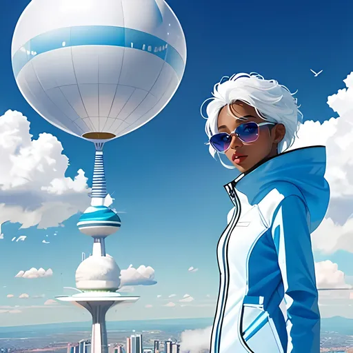 Prompt: SFW, Chrome Aesthetic, Chrome Aesthetic, One Young Woman in Picture, Stratosphere and Atmosphere Aesthetic, Aerodynamic Aesthetic, Grown Body, Puffy Spacesuit Jacket Coat, Grown Woman Looking, Softer Body, Heaven Inspired Airborn Fantasy Cloud City Skyline, Puffy Cloud Like Outfit, Mixed African and Philippines Descent, Gabriella Sarmiento Wilson (H.E.R), African Descent, She Should Look Like Gabriella Sarmiento Wilson (H.E.R), Full Body, Regular Body, Perfect Composition, Same Composition, Black Woman Only, Aeronaut, Rocketgirl, Jetpack On Back, Futuristic, Light Blue Aesthetic City, Superhuman Aesthetic, Light Blue Shades, Interesting, She Should Have White Hair, Vivid Gray Eyes, Full Lips, Detailed Face, Lithe Body, Obsidian Futuristic Puffy Dress Coat, Airpunk, Skypunk