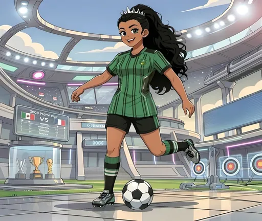 Prompt: (SFW), (Safe For Work Image Only), Sportspunk (Made Up Genre), Full Body, Y2k, 2000's Inspired, 2.5D Style, Y2k Aesthetic Based In The Year 2026, Technical Aesthetic, 2026 Fantasy, Cartoon Style, Dynamic Photos, 2D Animation Only, Same Skin Tone, Same Expression, She Must Look Like The Output Image, Lighter Complexion Only, Footballer, Lovely Looking Animation Style, Lovely Looking Animation Style, Happier Looking, Sports Aesthetic, Aesthetic Background, Fantasy Soccer Facility Background, Portrait, One Woman In Photo, 1Adult, One Lady, Lovely Looking Face, Adult Female Human Composition Only, Entering Her Prime Body Aesthetic, Jacynta Galabadaarachchi Body Aesthetic, 25 Year Old, (2026 World Cup Inspired), More Full Body, Full Legs, Grown Body, Full Body, She Needs To Look Like The Output Image, (Jacynta Galabadaarachchi, Jet Black Hair Only, Jacynta Galabadaarachchi Hairstyle, Should Have a Chrome Aesthetic, Grown Woman Aesthetic Only, Full Lips, Detailed Face, Flowing Black Frizzy Ponytail, Same Skin Tone, Messier Hair, Medium Tan Skin Profile Only, Athletic Body, She Should Be Wearing a Green and Black Striped Jersey, Striped Fantasy Outfit That Looks Like a Jersey, Trousers, (Pretty, Very Lovely Looking), Fantasy Soccer Player, Very Lithe, Futuristic, Football Queen Archer Queen Inspired,  Same Aesthetic