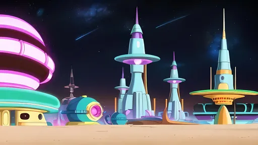 Prompt: Retroville Inspired, Future Funland, Star Trails, Dune Mauve and Brown Aesthetic, Nobody in Background, Cartoon, Dune, 1950's Inspired, Retro Futuristic, Perfect Composition, Jetsons Orbit City, Hanna Barbara Aesthetic, Jetsons X Dune, Jetsons Inspired, Dune Inspired, 1950's Inspired, Jetsons Buildings in a Space City