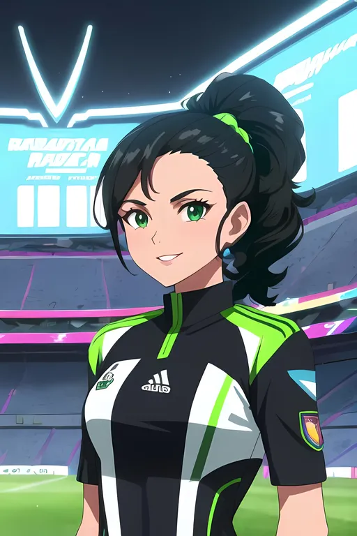 Prompt: Adorable Jacynta Galabadaarachchi Detailed Face Inspired, Dark Black Hair Only, Colorful Soccer Field, Soccer Dome Facility Background, Same Composition, Same Outfit, Same Hairstyle, Short Very Curly Ponytail Hairstyle, Futuristic Soccer Player Green Futuristic Soccer Outfit, Fantasy Soccer Background, Stunning Jacynta Galabadaarachchi, Cute Smile, 22 year Old, Full Lips, Jacynta Galabadaarachchi Inspired, Lithe Body, Futuristic Aesthetic, Collar on Outfit, Green and Light Green Aesthetic, Futuristic, Retro Futuristic