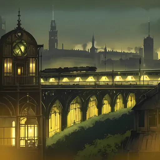 Prompt: Train Trestles, Steampunk Gears, France, Nobody in Background, John Atkinson Grimshaw Inspired Background, Oil Painting Inspired, Dusk Green and Brown Fields and Prairies, French Gothic Train Station, Victorian France, Made By Squirt_rash_24.