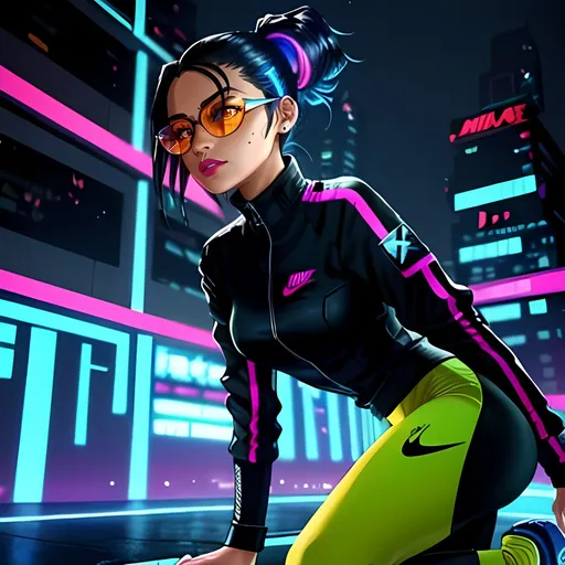 Prompt: SFW Only, Same Animation Style, Same Outfit, Vibrant Phoenix Suns Inspired Outfit, Minimalistic Black Nike Jacket, Orange and Purple Shades On Jumpsuit, Adorable, Shay Mitchell, Darker Tan Skin, Philippines Looking Appearance, Interesting, 2D Style, Very Unique, Striking, Futuristic, Exciting, Retro Cyberpunk, Cartoon, Cyberpunk City Background, One Iridescent Ombre Haired Young Woman Of Philippines Descent, Full Lips, Pink Lipstick, Detailed Face, Smiling, Cyberpunk Athlete, Wearing Yoga Pants, Small Chest, Beautiful Textured Shimmering Multicolored Medium Double Ponytails, Red and Purple Cute Hairstyle, Rosa Trainer Inspired Hairstyle, Flowing Hair, Cute Bowtie On Hair, Hipster Glasses, Very Feminine Looking, Cute Friendly Smile, Thick Dark Black Eyebrows Only, Good Looking, Interesting Background, Vivid Orange Eyes Only, Freckles, Sleek and Amazing Body, Flattering, Fully Formed Body, Well Maintained Physique, Healthy Body, Athletic Track Star Type Body, Strong Legs, Marvel's Silk Inspired, Shay Mitchell Inspired, Black Cat Inspired, Heartwarming, Fully Clothed, Powerful Warrior Body, Strapped Nike ACG Tracksuit Jacket, Techwear Gear, Wearing Nike Inspired Athleisure, Cute To Look At, Perfect Composition, Same Composition, Wholesome Looking, Cute Nerd, Soulful, 22nd Century, Cute, Colorful, Vivid, Cyberpunk Nike, Outside, Raining, Adorable, Emotional, Wearing Eyeliner, Futuristic, Technical Inspired Streetwear, Cyberpunk Looking, Lithe Body, Leg Contours, Interesting Glowing Outfit, Nike Logo On Outfit, Starfire Inspired, Asian, Cute Face, Unique Hairstyle, Hairbun, Futuristic Hairstyle, Osaka Japan, Night Time, The Outfit is Technical and Glowing, Techwear Inspired With An Athletic Aesthetic, Slim and Bigger Boned, Futuristic Clothing, Interesting, Joyful, Wearing Interesting Futuristic Nike Sneakers, Far Future, 2124, Ghost In The Shell Inspired, Alita Battle Angel Inspired, Made By Squirt_rash_24.