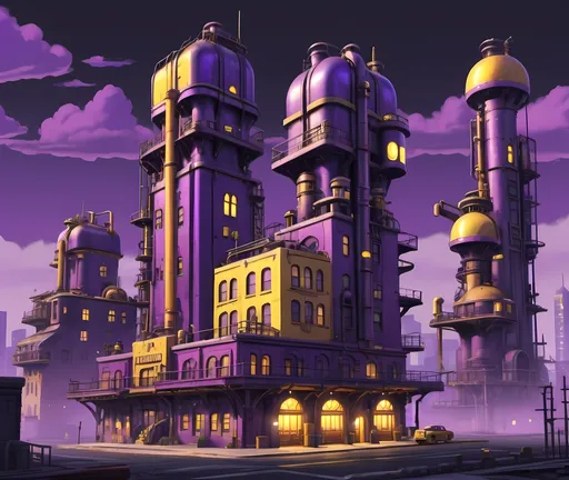 Prompt: Nintendo 64 Skycraper Inspired, Dieselpunk, Purple and Yellow Aesthetic, Hillwood City (From Hey Arnold) Inspired, Retro Futuristic, Fantasy, Night, Large Dieselpunk Buildings, City Skyline, Sprawling Buildings, Interesting, Cartoon Style, 3D Style, Realistic, Dieselpunk Retro Futuristic Background, Pistons, Boilers, Furnaces, Ironworks, Driftveil City Unova Inspired, Dieselpunk Aesthetic  