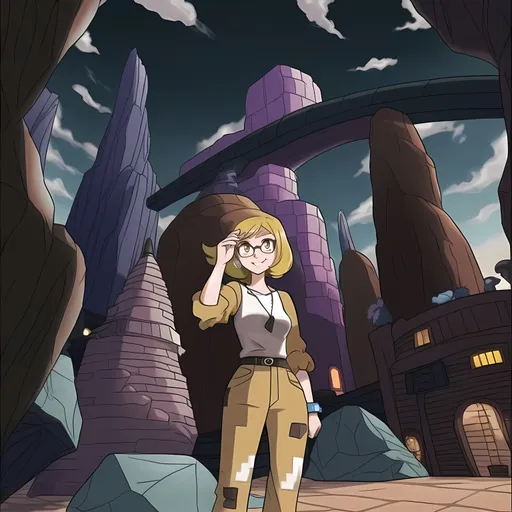 Prompt: (((SFW Image Only))), Safe, Appropriate, Ken Sugimori Animation Style, (((More Fantasy Looking))), (((Same Hair Color))), Perfect City Composition, Safe Only, Same Composition, Perfect Composition, Prehistoric, Stonepunk, Very Cute, Intricate, Purple and Blue Aesthetic, Solo Only, Portrait, 1Woman, One Fully Clothed Woman In Picture, Very Happy Looking, (((Emma Stone Inspired, Caucasian))) 20 Year Old, In The City, Ombre Hairstyle, Milder Looking, Intelligent Looking, Alternative Looking, Vivid Ivory Eyes Only, Sweet, Hipster Wide Framed Glasses, Futuristic Cavewoman, Bones On Outfit, Prehistoric Aesthetic, Primal Aesthetic, Unique Pixelart Illustration, Pixelart Style, Pixelated, Vibrant, Lively, Colorful, Retro Aesthetic, (((Nightime Only))), Dark Skies Only, Cityscape, Urban Looking Area Only, Rubble, Stone City, (((Bedrock City Inspired Skyline))),  Flintstones Inspired Bedrock City Background With An Insane Futuristic Aesthetic, Bedrock, Friendlier Looking, Very Feminine Looking, Ladylike, Same Aesthetic, Jagged Teeth On Pants, SFW Outfit Only, Cave Lady, Cavewoman Patterned Outfit, Rock Earings, Boulders, Stone On Shoulders, Stone Buildings, Arid Land, Beige and Yellow Aesthetic, Same Hairstyle,  BC Inspired, Cavewoman Aesthetic, Modern Cavewoman, Patch On Shoulder, Desert City, Stone Aesthetic, Rocky Aesthetic, Perfect Facial Composition, Planet Earth, Pueblo Inspired Architecture, Arid Land Fantasy Desert Rocky City, The Croods Inspired, Eep Character Inspired, Grown Woman Only, Older Face, Cute Smile, Updo Hairstyle Only, Perfect Eyebrow Composition, Amazed Looking, Bangs, Perfect Finger Composition, White Woman, She Should Have Four Fingers and a Thumb, Full Lips, Detailed Face, Cute, Yellow Blue Long Sleeved Modern Cavewoman Outfit, Stone Bracelet, Low Waist, Trousers Only, Primal Archer Queen Inspired, Posing, 1990's Looking