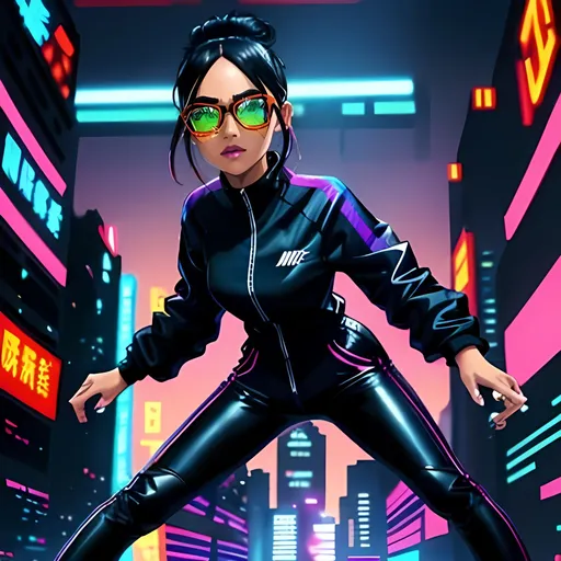 Prompt: SFW Only, Cute Animation Style, Cartoon Style, Same Outfit, Vibrant Phoenix Suns Inspired Outfit, Minimalistic Black Nike Jacket, Orange and Purple Shades On Jumpsuit, Adorable, Shay Mitchell, Darker Tan Skin, Philippines Looking Appearance, Interesting, 2D Style, Very Unique, Striking, Futuristic, Exciting, Retro Cyberpunk, Cartoon, Cyberpunk City Background, One Iridescent Ombre Haired Young Woman Of Philippines Descent, Full Lips, Pink Lipstick, Detailed Face, Smiling, Cyberpunk Athlete, Wearing Yoga Pants, Small Chest, Beautiful Textured Shimmering Multicolored Medium Double Ponytails, Red and Purple Cute Hairstyle, Rosa Trainer Inspired Hairstyle, Flowing Hair, Cute Bowtie On Hair, Hipster Glasses, Very Feminine Looking, Cute Friendly Smile, Thick Dark Black Eyebrows Only, Good Looking, Interesting Background, Vivid Orange Eyes Only, Freckles, Sleek and Amazing Body, Flattering, Fully Formed Body, Well Maintained Physique, Healthy Body, Athletic Track Star Type Body, Strong Legs, Marvel's Silk Inspired, Shay Mitchell Inspired, Black Cat Inspired, Heartwarming, Fully Clothed, Powerful Warrior Body, Strapped Nike ACG Tracksuit Jacket, Techwear Gear, Wearing Nike Inspired Athleisure, Cute To Look At, Perfect Composition, Same Composition, Wholesome Looking, Cute Nerd, Soulful, 22nd Century, Cute, Colorful, Vivid, Cyberpunk Nike, Outside, Raining, Adorable, Emotional, Wearing Eyeliner, Futuristic, Technical Inspired Streetwear, Cyberpunk Looking, Lithe Body, Leg Contours, Interesting Glowing Outfit, Nike Logo On Outfit, Starfire Inspired, Asian, Cute Face, Unique Hairstyle, Hairbun, Futuristic Hairstyle, Osaka Japan, Night Time, The Outfit is Technical and Glowing, Techwear Inspired With An Athletic Aesthetic, Slim and Bigger Boned, Futuristic Clothing, Interesting, Joyful, Wearing Interesting Futuristic Nike Sneakers, Far Future, 2124, Ghost In The Shell Inspired, Alita Battle Angel Inspired, Made By Squirt_rash_24.