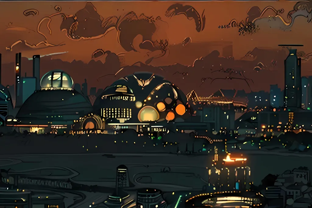 Prompt: Same Composition, Johannesburg and Cape Town Inspired, Brown Shades, Modern Animation Style, Futuristic City, African Aesthetic, Minimalistic, Domes, Fantasy African City, Dusk, Tropical Background, Stadium Near Water, Nobody In Background, Gears