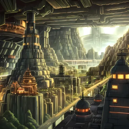 Prompt: Retro Futuristic Urban Sprawling City, 2D Animation, Hey Arnold Hillwood City Inspired, Brown Enormous Modern Cave City, Dieselpunk, Cave Civilization With Edwardian Houses, Perfect Composition, American City in a Cave, Mammoth Cave Kentucky Inspired, Mining Inspired, Gold Rush Inspired, Gold Mine, Orange and Green Shades