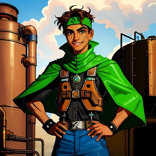 Prompt: SFW, Desertpunk, Same Outfit, 2D Style, Adorable, Edwardian, Dieselpunk, Boilers, Furnaces, Ironworks, Gadgets, Pistons, Portrait, One Young Man In Picture, Cute Man, Tougher Looking, Confident Looking, Wavy Hair, Slighter Frame, Headband, Cowboy Engineer, Mechanic, Smiling, 23 Year Old, Grown Strong Body, He Should Look a Lot Like Ramario Xolo Ramirez (Xolo Maridueña), Smaller Body, Full Lips, Detailed Face, Mexican, More Metallic Outfit, Wearing a Neon Green and Brown Cowboy Outfit, More Dieselpunk Looking, Athletic Body, Broad Shoulders, Athletic Arms, Poncho, Gaiter, Made By Squirt_rash_24.