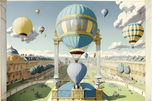 Prompt: Perfect Composition Background, Surrealist, Sketch, Recreation, Montgolfier Brothers Balloons, Light Blue and White Textured Aesthetic Background, Perfect Composition Victorian French Hot Air Balloon, Brass, Tinsels, Victorian Aesthetic, Futuristic and Classic Artwork, Retro Futuristic, Ivory Gears On Balloon, Designed By Joseph-Michel and Jacques-Étienne Montgolfier, Postcard Aesthetic, High Quality, Perfect Composition, Same Composition, Minimalistic, Clouds, Hot Air Balloons Above a Large Garden, Two Gold Pillars In Garden, Inspired By The Montgolfier Brothers, Jubilent, Cute, Aviation and Aerodynamic Aesthetic, Intricate, Parisian Aesthetic, The Palace Of Versailles Background, Blue and Yellow Shades, Made By Squirt_rash_24. 