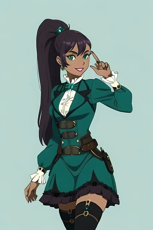 Prompt: Lovely Looking, Amandla Stenberg Inspired, with Obsidian Dark Purple Very High Ponytail, Full Lips, Steampunk, Slim, Magical Steampunk Victorian, Cute Face, With Light Brown Skin, Green Eyes, Cute Face, Smiling with Teeth showing, Obsidian and Dark Teal Victorian Dress, Double Stockings, Same Composition, Teal Dress and White Accents on Outfit and Wearing a Dark Teal Dress Shirt and Puffy Skirt. Ballet inspired. Fairy inspired. beautiful face, Highly detailed, Clear face and body, Ribbons, Colorful, Smiling, Sweet face, Cute Eyes, Dark Skinned Legs, Gears, Made By Squirt_rash_24.