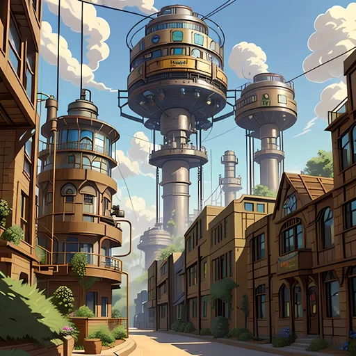 Prompt: SFW, Dieselpunk, Fantasy, City Skyline, Classic Dieselpunk Aesthetic, Dieselpunk Apparatus, Very Wholesome Looking Only, Interesting, Same Aesthetic, Factory Facility, Blue Skies, Dieselpunk Facility In City, Victorian Dieselpunk Aesthetic, Dieselpunk City Region Background, Jules Verne Inspired,  Intricate, City Houses, Glass Windows, Dieselpunk Only, 2.5D Style, Cel Shaded, More Fantasy Looking, Boilers Furnaces Pistons, Victorian Dieselpunk Large City, Houses Made From Dieselpunk Materials, Picturesque