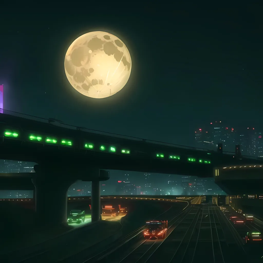 Prompt: Stars, Nighttime, Midgar Expressway Inspired and Mario Kart Moonview Highway Inspired, Cyberpunk, Edwardian Expressway with Cyberpunk Cars, Dieselpunk Railroad on Top of Expressway, Gray Roads, Neon Lights on Road, Retro Futuristic, Cyberpunk Town, Adorable, No Regular Cars