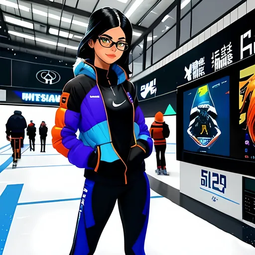 Prompt: SFW, Close Up, Maximalistic Jumbotron In Background, Prowling, One Young Woman In Picture, Lovely Looking, Cyberpunk Athlete, She Has Iridescent Black Red and Purple Ombré Hair, Darker Tan Skin Only, Regular Black Hipster Nerdy Glasses Only, Cute, Adorable, Filipina, Shay Mitchell, Full Lips, Detailed Face, Adorable Smile, Thick Dark Eyebrows, Cute Nerd, Freckles, Vivid Orange Eyes Only, Futuristic Aspen Colorado, Interesting Ski Resort, Snowy High Altitude Mountain Region, Outdoor Cyberpunk Stadium Background, 22nd Century Winter Olympic Games, Alpine Aesthetic, Early 20's Looking Age Range, Retro Cyberpunk Style, Enormous Interesting Cyberpunk Stadium, She Should Be Wearing a Sleek and Minimalistic Black Nike Padded Performance Ski Suit With Yoga Pants, Nike Logo On Outfit, There Should Be Lots Of Fur On Her Outfit, She Has a Lithe Body, Fully Formed Body, Amazing Body, Athletic Track Star Body, Strong Legs, Marvel's Silk Inspired, Black Cat Inspired, Heartwarming, Fully Clothed, Slim and Bigger Boned, Wearing Interesting Futuristic Nike Sneakers, Alita Battle Angel Inspired, Ghost In The Shell Inspired, Made By Squirt_rash_24. 