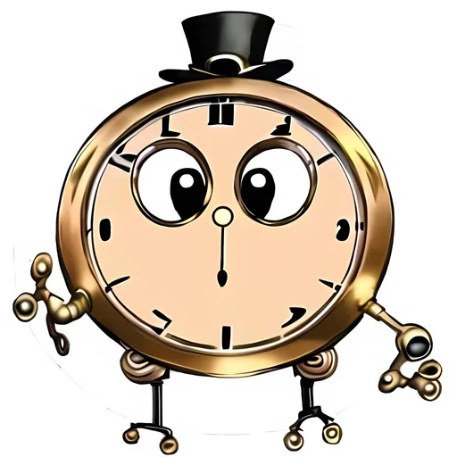 Prompt: Perfect Composition, Same Composition, Old School Interesting Circular Clock, Two Arms and Two Hands, Brass and Copper Aesthetic, Gears, Steampunk Anthropomorphic Mechanical Clock With a Face, Victorian Hat, Two Black Eyes, Shiny, Round Nose, Mouth, Smiling, Wholesome, TT Diddy Kong Racing Inspired, Legs and Big Feet, Big White Shoes, Made By Squirt_rash_24. 