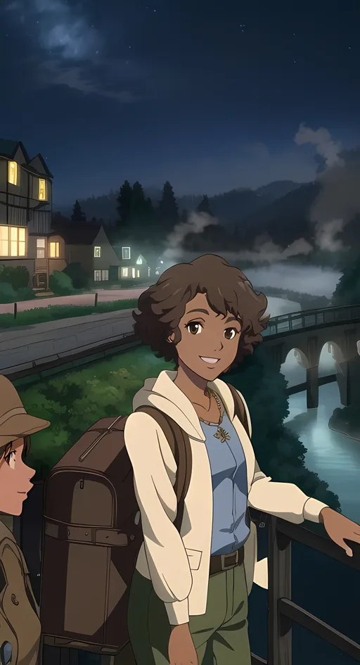 Prompt: (SFW), (Safe For Work Image Only), G Rated, Rated E, General Audience Content, Night Time, Highlands, 2D Style, Cel Shaded, Milder Looking, Minimalistic, Trail BC Inspired Fantasy, Picturesque, Nature, Conservation Facility, Pistons, Dieselpunk, Perfect Village Composition Only, Cute Wholesome Factory Village, Lovely Looking, Edwardian Houses, Ironworks, Intricate, Steam, Lavish, Factory, Night Time, Stars, No Clouds, Comets, Landscape, Dieselpunk Retro Futuristic, Bridge Above Water, River, Springtime, Orange and Green Shades, Trail, BC Inspired, Smoke, Steam, Fog, 1Woman, One Woman In Photo, Female Human Composition Only, Ivory Undershirt, (She Should Look a Lot Like Taylor Russell,  Adult Female Composition Only, Cuter Face, Joyful, Melanin, Wondrous, Marvelous, Smiling, Near a Trainyard), Very Feminine Looking, Dieselpunk Inspired Clothing, Lusher Face, (Roots Canada Inspired Clothing Only, Regular Fit Clothing, Gaiter, Necklace, Looser Baggier Clothing, Outerwear, Worker), Hoodie, (Black Woman Composition Only, 22 Year Old), Happier Looking, Pretty, Maiden Looking, Pink Lips, Navy Blue Jacket, Ivory Sand Colored Shirt, Trousers, In The Village, Grateful Looking, Technical, Slighter Frame, Tighter Body, Alternative Looking, Brown Afro Puffs, Canadian, Brown Eyes, Looking At Viewer, Full Lips, Detailed Face, Standing Up Straight, Backpacker Trainer Class Inspired 
