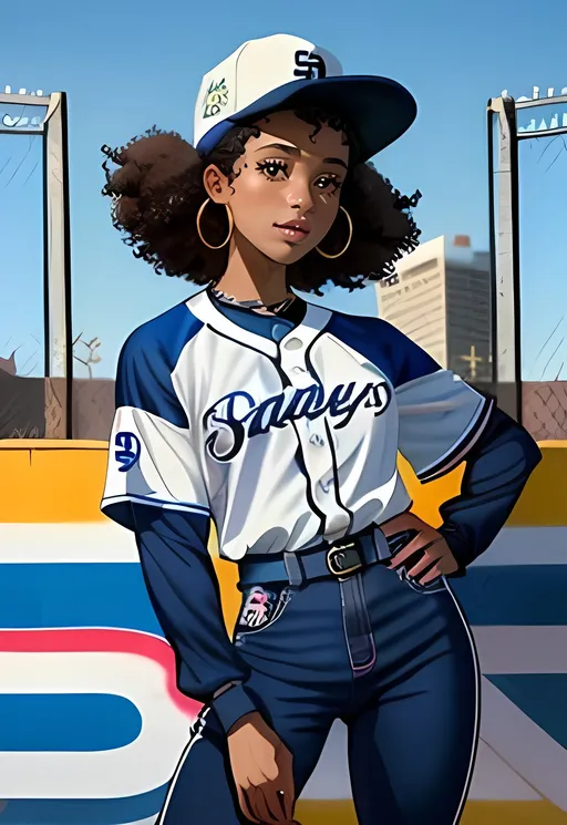 Prompt: San Diego Padres Aesthetic, Tropical Baseball Diamond Background, Colorful, Perfect Composition Afro Puffs, Realistic, Same Composition, 1 Young Woman In Picture, African American, Stunning, Recreation, Adorable, Heartwarming, Kylie Bunbury As Ginny Baker, Full Lips, Detailed Face, Baseball Player, Very Curly Afro Puffs, Hoop Earings, Cute Face, Pitch 2016 Show Inspired, Wearing a Dark Blue and White San Diego Padres Jersey, Wearing a Navy Blue San Diego Padres Hat, Slim, Athletic Body, High Waist, Lovely Looking, Grown Woman, Mature Looking, Toned Legs, Perfect Composition, Made By Squirt_rash_24.