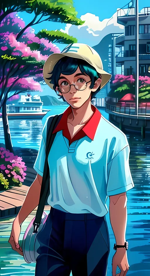 Prompt: SFW, Portrait, One Young Man In Picture, More Fantasy Looking, Very Wholesome, Family Friendly, Nostalgic, Bob Denver Inspired, Hippie Glasses, Gilligan From Gilligan's Island Inspired, Mariner Sailor, Full Lips, Detailed Face, Seapunk Oceanpunk, Slateport City Hoenn Region Oceanpunk Bustling Port City Background, Red Shirt, White Collared Undershirt, Bucket Hat, Same Composition, Daytime Only, Pastels, Watercolor, Walkways, Lavish, Peaceful, Shimmering Water, Lovely Looking, Vibrant, Colorful, Streams, Minimalistic, Same Composition, Daytime, Grove, Sea Cove, Soulful, Cool Looking, Lovely Looking, Lovely Looking, Nightime, Retro Futuristic Nautical Port Scenery, Very Wholesome and Joyful, Seaport, Bubbly, Heartwarming Wholesome, 1960's Inspired