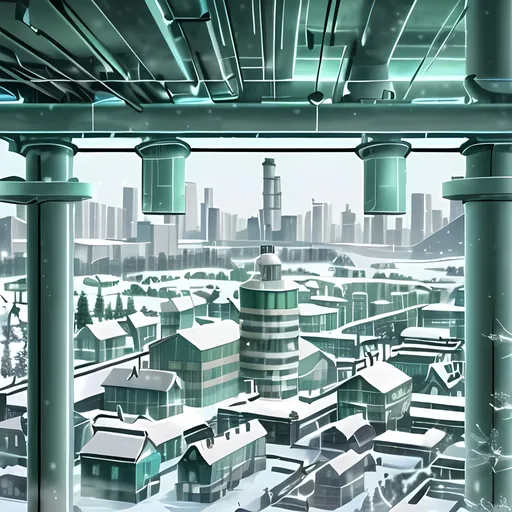 Prompt: Perfect Composition, Wolfsburg Germany Inspired, Icirrus City Inspired, Teal and Green Aesthetic, Gray Buildings, Labyrinth City, Dieselpunk Mill Factory Winter Conservation Forest Town, Cold Storage Facility, Frigid Environment, Cute Snow Town, Made By Squirt_rash_24.