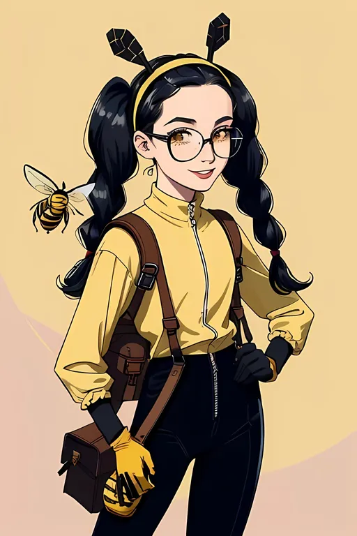 Prompt: Village Skyline, Cartoon, Same Face, Modern Animation Style, SFW Only, Adorable, Forestpunk, Bright Yellow and Mauve Aesthetic, Dark Hair Only, Darker Rose Mauve Hair, Full Body, Perfect Hand Composition, Aesthetic Background, Edwardian, Old School Beekeeper, Cool Looking, Toy Wings On Head, Portrait, One Fully Clothed Young Woman In Picture, Madiysn Shipman, Full Lips, Detailed Face, More Edwardian Looking, Cute, Grown Woman, Edwardian Hairstyle, Very Dark Hair,  Soft Lady Aesthetic, Long Sleeve Blouse, Bee Shirt, Hands Should Be Lowered, Black Flowing Long Braided Pigtails Only, Perfect Hand Composition, Heavy Metal On Outfit, Long Pants On Legs, Vivid, Aesthetic Headset Headwear, Lots Of Straps, Same Composition, Bee Woman, Glasses, Tougher Looking, Lots Of Freckles On Face, Cute Smile, Teeth Showing In Smile, Confident Looking, Glamorous, Tougher Looking More Built Body, Bee Headband, Caucasian, 21 Year Old, SFW Body, Mature Looking Face, Perfect Composition, More Wholesome Looking, Dark Beige Colored Outfit, Iron Gloves On Hands, Highlands, Large Trees,  Late 2000's Inspired, Outdoors, Beekeeper, Small Chest, Legs Should Be Covered, Two Arms and Two Legs, Woodlands, More Fantasy Looking, Lovely Looking Face, Grown Looking, Interesting, Sticks On Hair, Hexagon Aesthetic, The Mighty B! Bessie Higgenbottom Inspired, Camper, Backpack On Back Only, Straps On Outfit, Athletic Aesthetic, Stunning, Energetic, Beautiful, Yellow Eyes, Cute Body, Bees, Honey, Quirky Smile, Lovely Looking, Athletic Arms, Yellow Eyes, Bees, Quirkier,  Happier Looking,  Colorful Oil Painting Aesthetic, White Woman, She Needs To Look Like The Output Image,  Cute Eyes, Lithe Body, Fitter Looking Trapezius, Longer Athletic Legs, Smaller Legs, Malva Trainer Inspired, Malva Hairstyle, Made By Squirt_rash_24. 