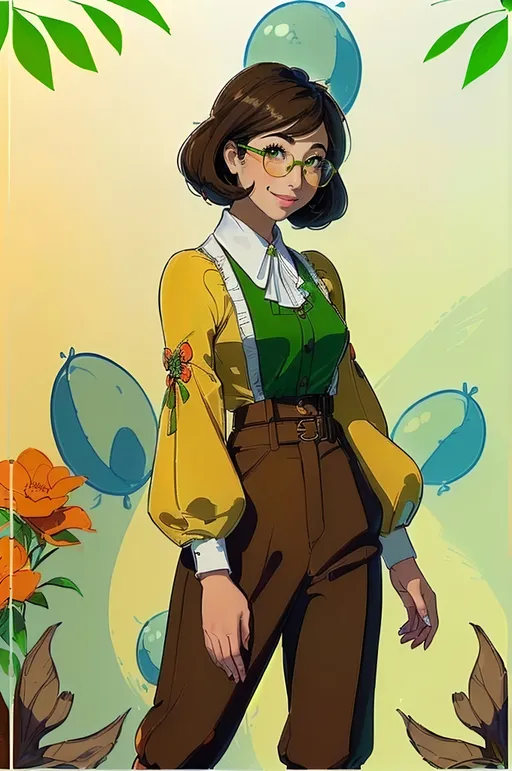 Prompt: SFW, ((((SFW Image Only))), Shaded Aesthetic, Minimalistic, (((Follows Prompt Exactly))), Safe, Forestpunk, Retro Futuristic, Fantasy, Character Design, 2D Style, More Bubbly Looking Animation Style, 1Woman, Solo, Portrait, One Fully Clothed Woman In Picture, Grateful Looking, Smiling Only, Looking At Viewer, 22 Year Old, Light Yellow Ivory and Green Aesthetic, Chinoisere, Milder Looking, Early Springtime Background, (((Safe For Work Only))), G Rated Art Only, Happier Looking, General Audience Content, (((Very Wholesome Looking Only))), Lively, Joyful, Colorful, Vivid, Wholesome Smile, (((Aesthetic Background, Cute Body))), Soulful, Heartwarming, Full Body, Very Wholesome Looking, Happier Looking, ((((Daniella Monet Inspired, Mixed, Chilean Descent, Tan Skin Profile Only, Full Lips, Detailed Face, Happier Looking))), Distinctive Features, Brown Medium Hairstyle, Sneewitchen Style Glasses, Wearing a Yellow and Black Colored Sneewittchen (The Brother's Grimm's Snow White) Inspired Outfit, She Should Have Four Fingers and a Thumb, Amulet, Patterned Outfit, Sleeves Must Be The Same Length, Regular Pants Only, Plain Wallpaper Background, Textured Outfit, Minimalistic