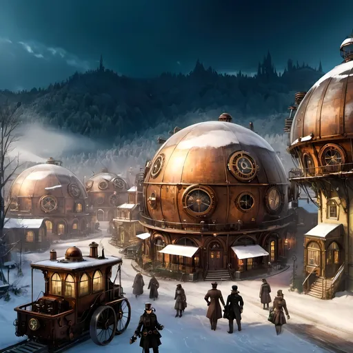 Prompt: Steampunk, Forestpunk, Fantasy, Winter, City, Domed Buildings