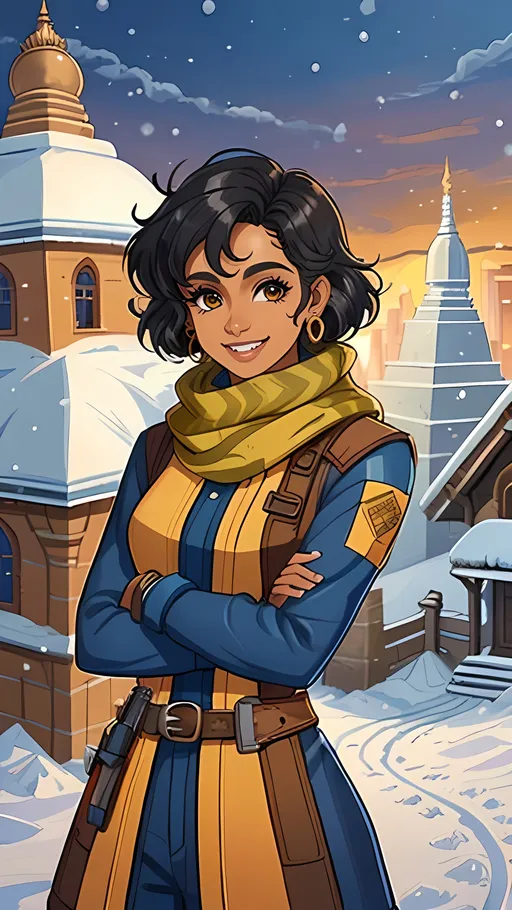 Prompt: SFW, Steampunk Inspired, Technical, Intricate, Fun, Fantasy 1800's Architechure City, Unearthly Indian and Nepali Style Temples In Background, India and Nepal Inspired, Retro Futuristic, Maze Labyrinth Background, Snowy Frigid Environment, Snow On Ground, Modern Animation Style, Same Composition, Perfect Composition, Wholesome, One Woman In Picture, SFW Body, Earings, Same Skin Tone, Regular Pose, Perfect Hand Composition, Posing, Fully Clothed Only, Ninja Inspired, Ninja Down Jacket, Winter Jacket Only, Technical Jacket, Curly Jet Black Hair, Curly Bob, Anuskha Sen Inspired, Happier Looking, Alternative Looking, Cute Smile, Teeth Showing In Smile, Gold Eyes, Colorful, Oil Painting Aesthetic, Grown Woman Looking, Brown Woman, Mature Face, Village Skyline Background, She Needs To Look Like The Output Image, Slim Build, 22 Year Old, Medium Hairstyle, Indian, Marvel's Silk Inspired, Winter Champion Inspired, Ochre Scarf, Lithe Body, Tighter Body, Small Waist, Fantasy, Made By Squirt_rash_24.